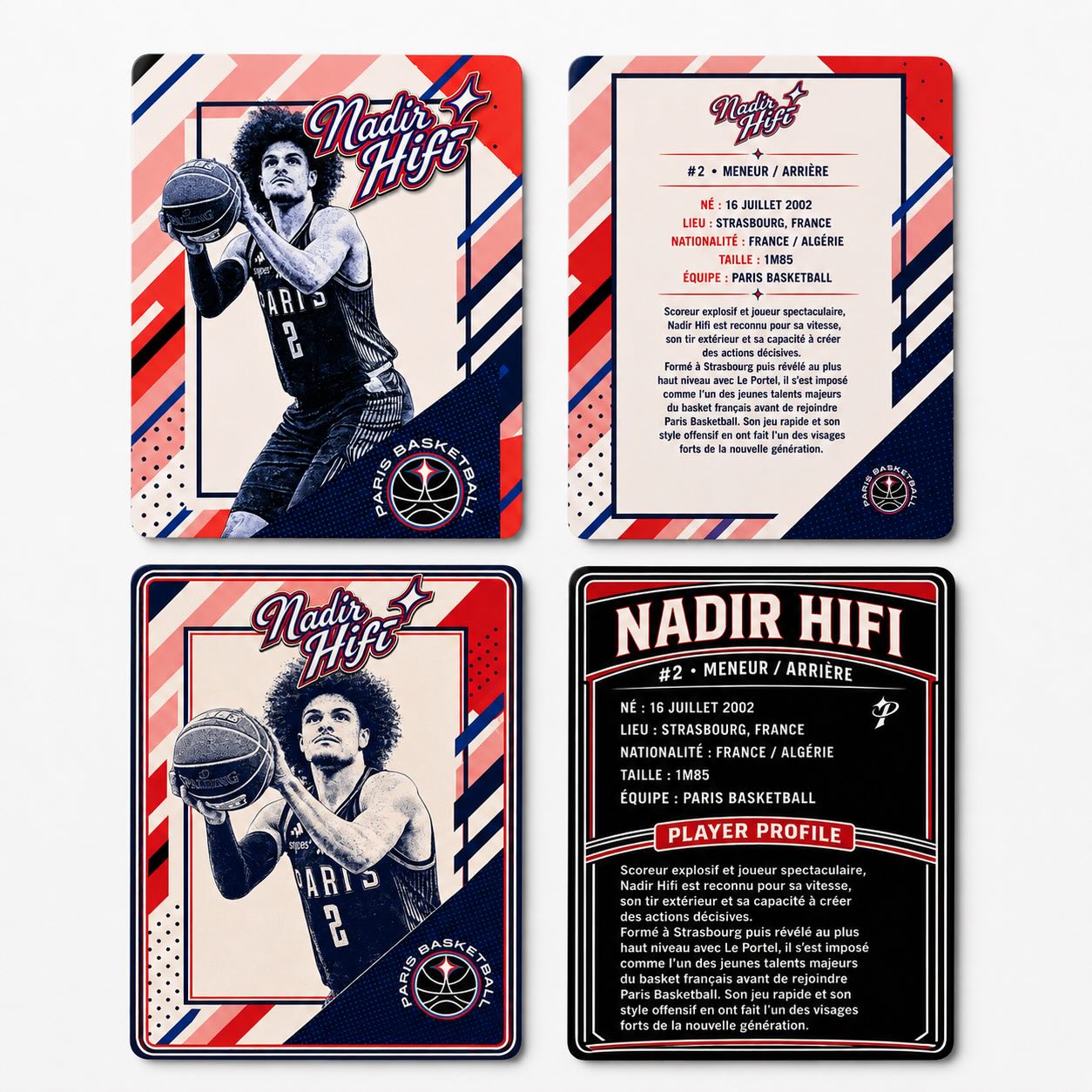 Déclinaison de cartes de collection & goodies réalisés autour de l’univers de Paris Basketball 🏀
Entre esthétique rétro, culture pop et identité sportive, l’objectif était de créer des visuels collectors avec une vraie personnalité graphique.
Un projet mêlant illustration, mise en page, branding et direction artistique autour de l’énergie du basket parisien. 🔥

#ParisBasketball #GraphicDesign #TradingCards